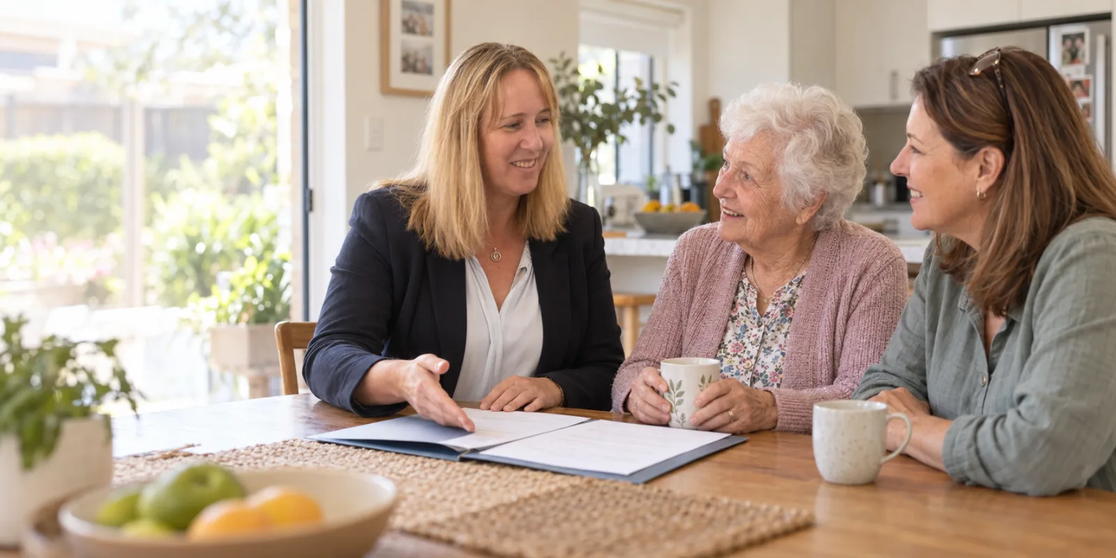 Ali from AJQ Care Advisory talking through aged care paperwork with an older woman and her daughter at their kitchen table