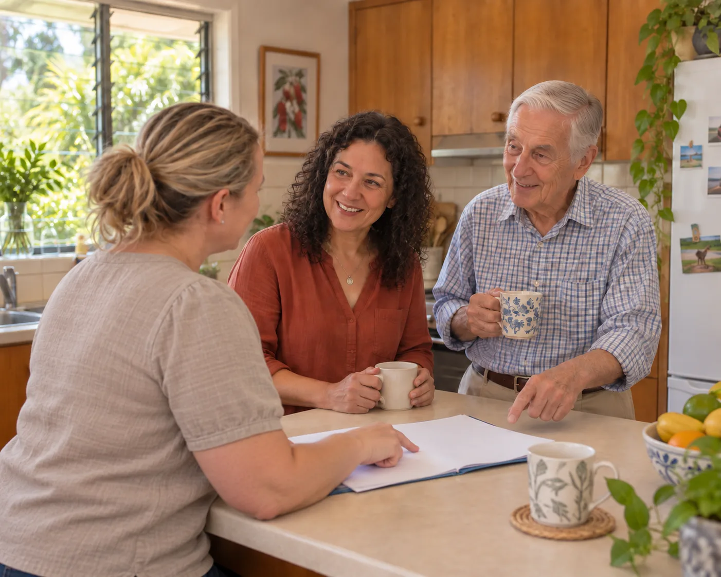 Ali going through notes with an older man and his daughter at their kitchen bench