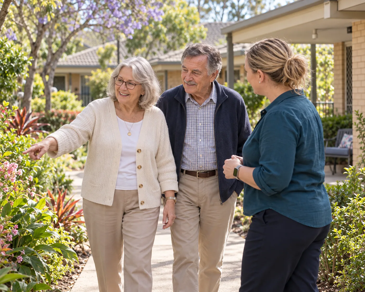 Ali walking through a garden with an older couple