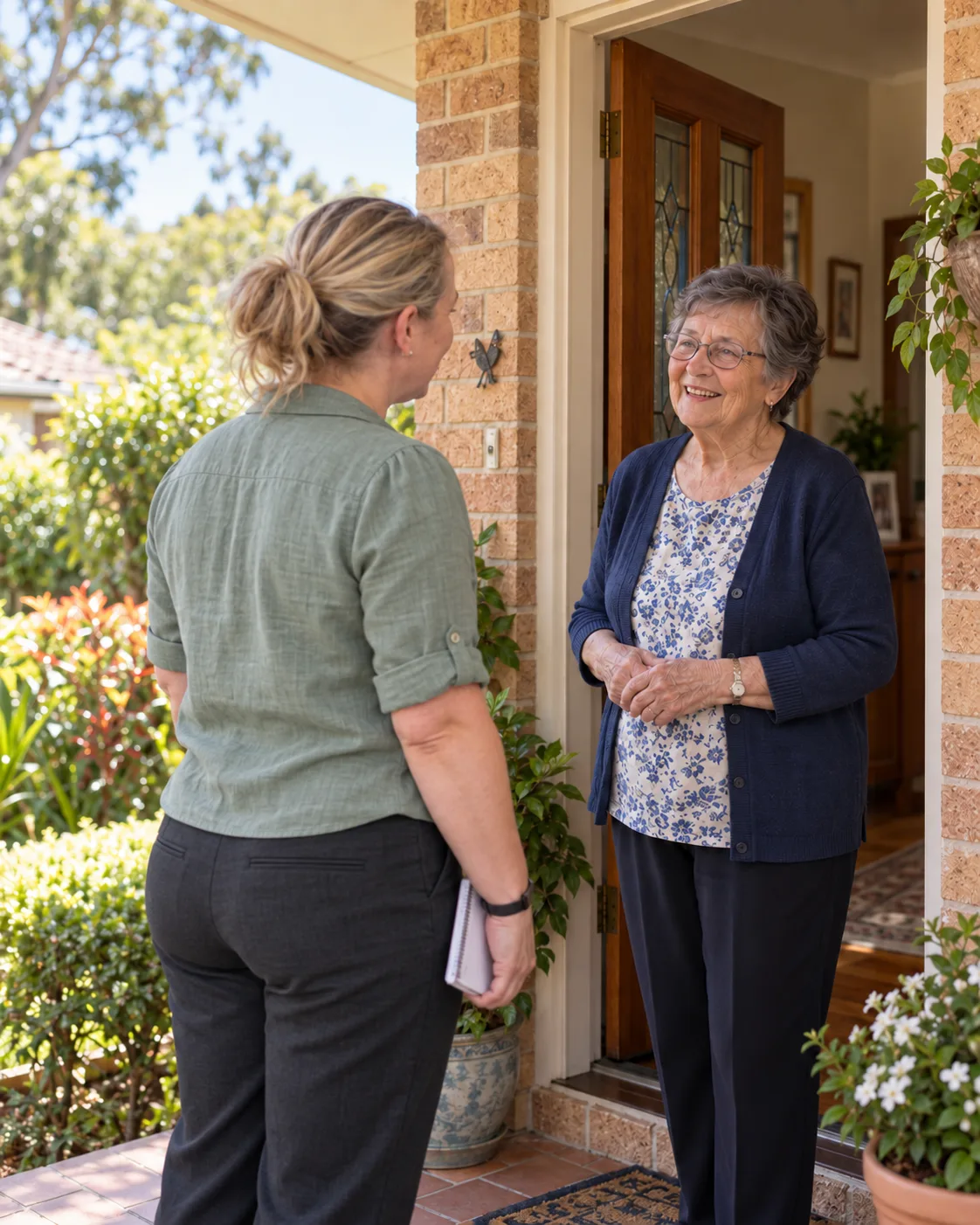 Ali greeting an older woman at her front door